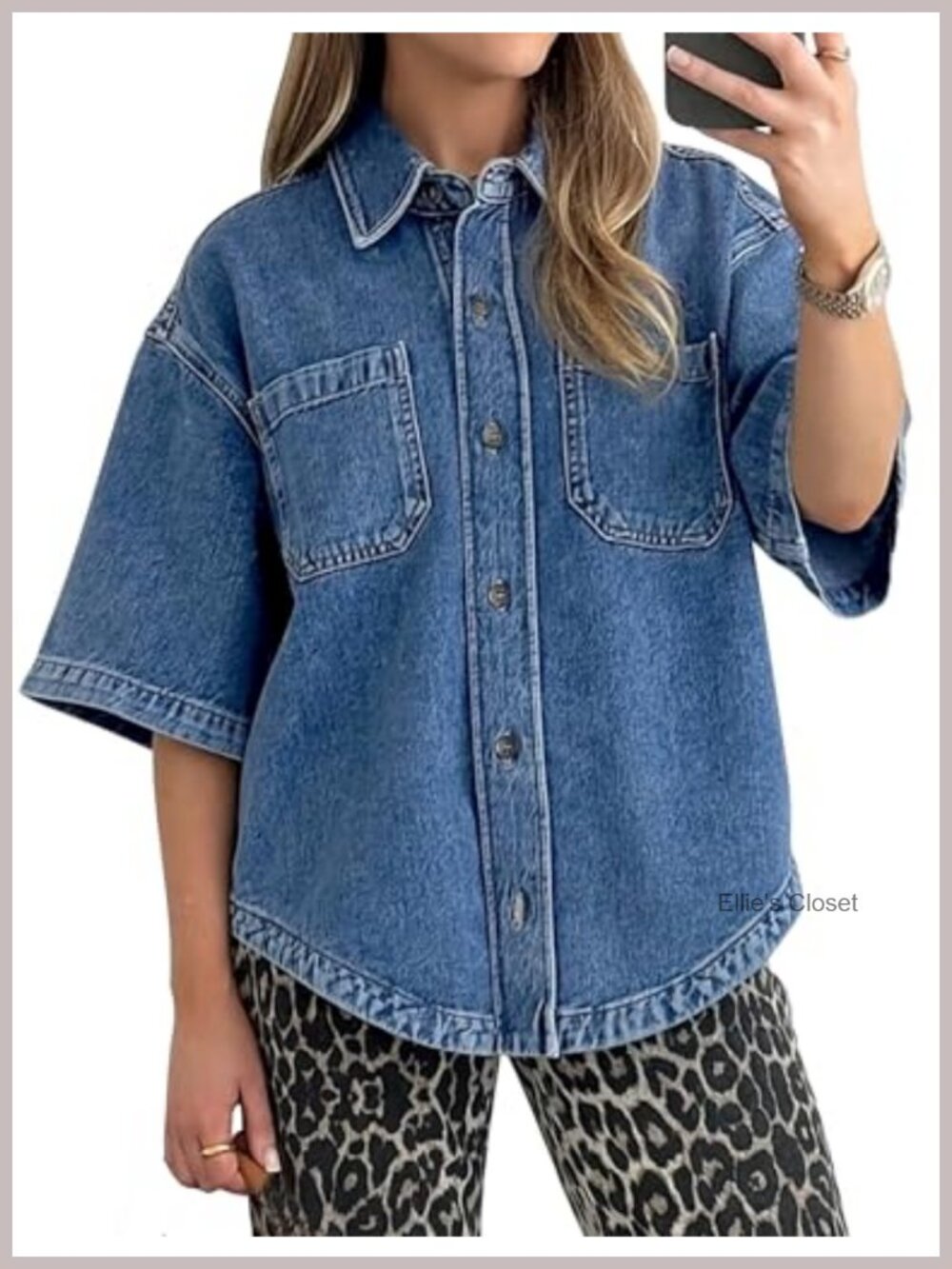 Lightweight Cotton Blend Denim Button Down Shirt Casual Oversized V-Hem